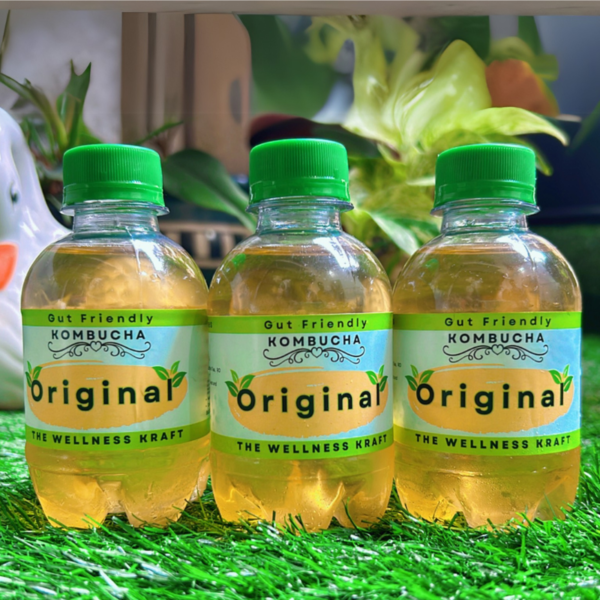 A bottle of The Wellness Kraft Kombucha, a naturally fermented probiotic drink that supports gut health and boosts immunity with a refreshing, healthy twist.