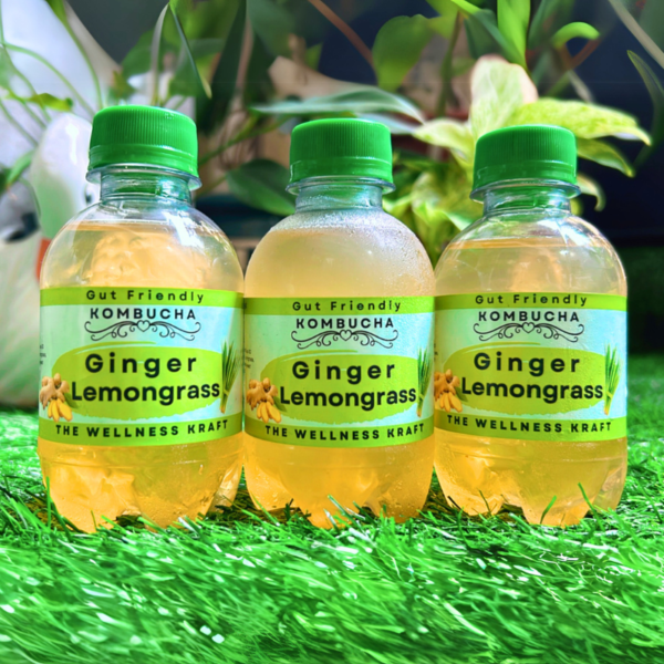 A bottle of The Wellness Kraft Ginger Lemongrass Kombucha, a naturally fermented probiotic drink available in India, with a bold ginger kick and soothing lemongrass notes.