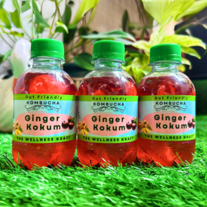 A bottle of The Wellness Kraft Ginger & Kokum Kombucha, a naturally fermented probiotic drink with the tangy flavor of kokum and the spice of ginger.