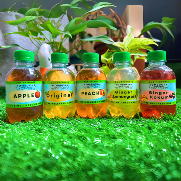 A selection of The Wellness Kraft Choose Your Mix Kombucha, allowing customers to customize their probiotic drink with various tea bases and flavor infusions.