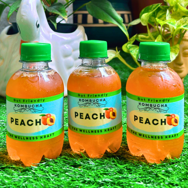 Peach Kombucha – Probiotic-rich, refreshing drink for digestion and immunity. Healthy, flavorful kombucha with natural peach essence