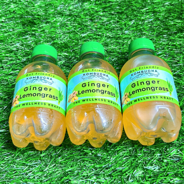 A bottle of The Wellness Kraft Ginger Lemongrass Kombucha, a naturally fermented probiotic drink available in India, with a bold ginger kick and soothing lemongrass notes.