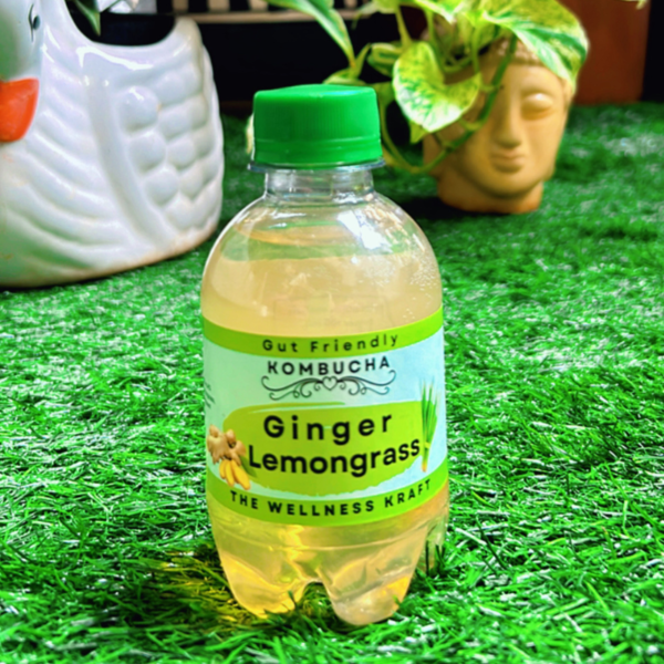 A bottle of The Wellness Kraft Ginger Lemongrass Kombucha, a naturally fermented probiotic drink available in India, with a bold ginger kick and soothing lemongrass notes.